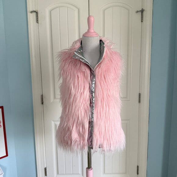 Dolls Kill Sugar Thrillz Reversible Pastel Pink Fur Shiny Silver Puffer Vest - Picture 2 of 14